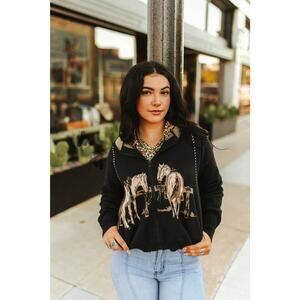 THE RANCHITA Midnight Knit Sweater, ZIp up women horse design.  S M L